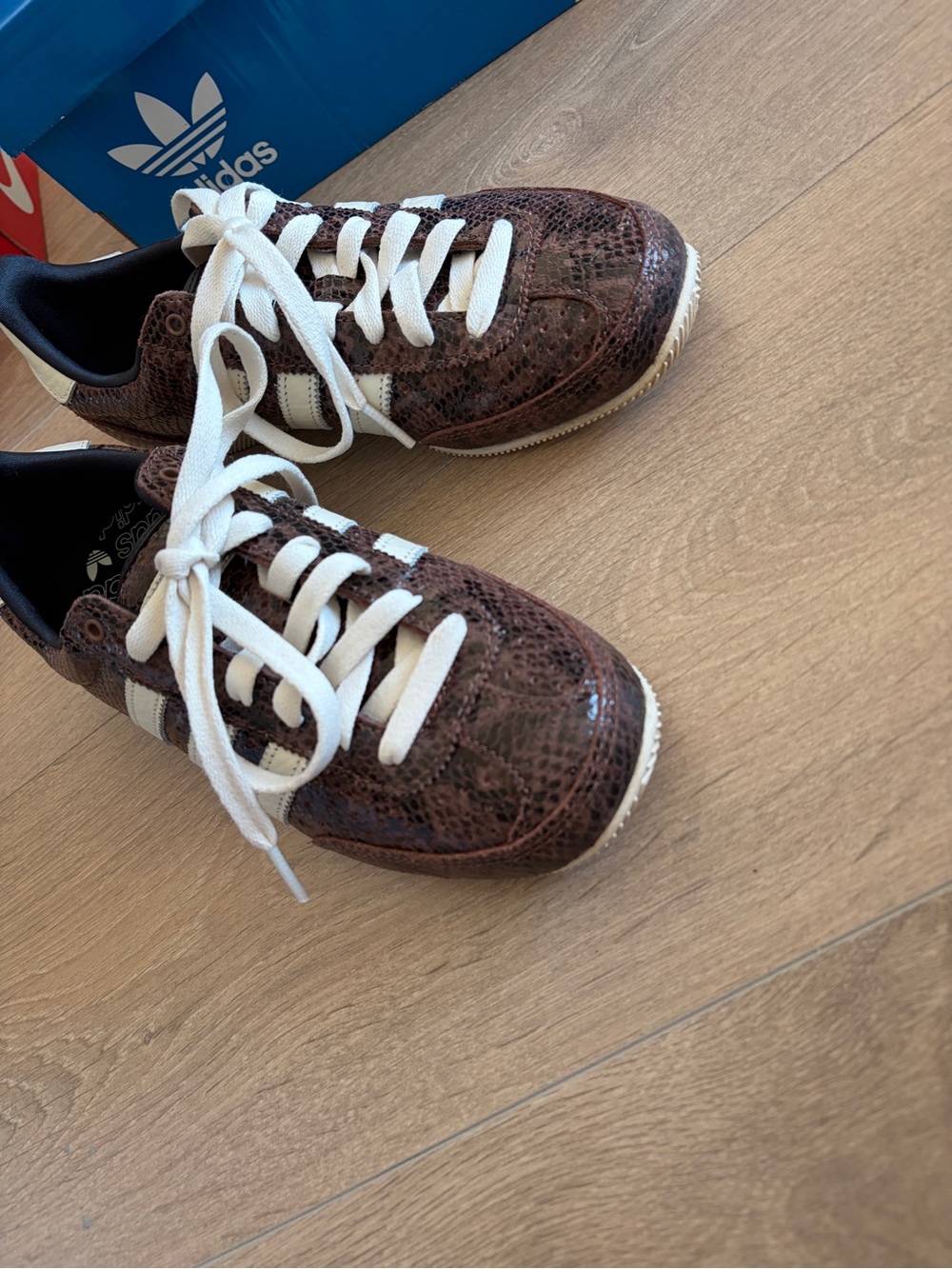 adidas Brown Snakeskin-Pattern Low-Top Sneakers with White Stripes
